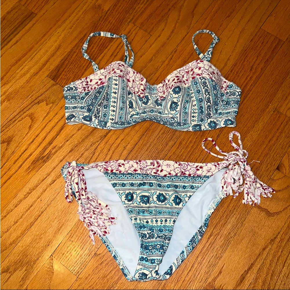 Patterned Bikini Set with Blue and Red Accents